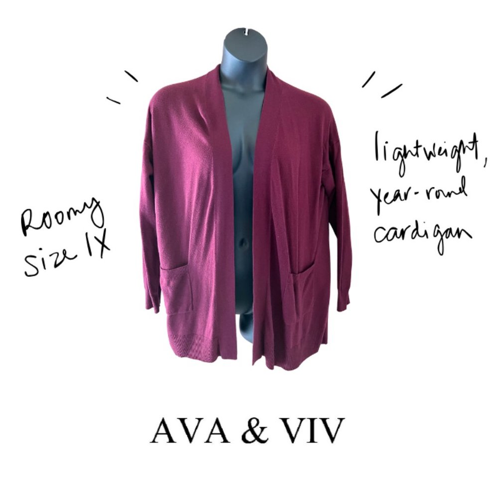 Like new Ava & Viv Maroon Mid-Length Lightweight Cardigan with Pockets, 1X